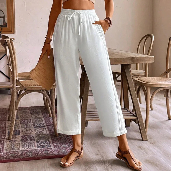 White Casual Women's Solid Color Tapered Pants - Picture 1 of 6